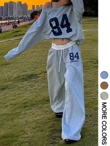 Women's Letter & Number Print Drop Shoulder Fitted Sweatshirt & Drawstring Waist Sweatpants Two-piece Set, Casual Fashion Cozy Breathable Two Piece for Daily Wear, Ladies Spring & Fall Clothes