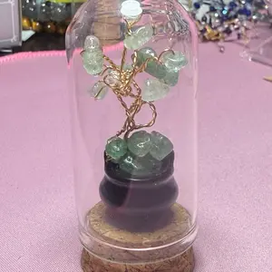 Mini Beaded Trees with Gemstones in Glass Dome Display for Home Decor