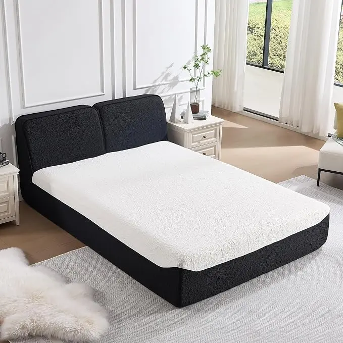 2-in-1 Queen Size Upholstered Platform Bed with Headboard, Modern Floor Bed Queen, Compression Bed, No Assembly Required, 15.7" Low Profile Bed Frame,Soft and Comfortable Knit Fabric,Black and White