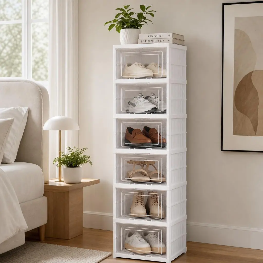 Foldable Shoe Rack Stackable Shoe Organizer Space Saving Breathable Ventilation Hole Transparent Door Easy To Clean Sturdy Shoe Cabinet For Entryway Bedroom Closet Dorm(White 6-piece set）