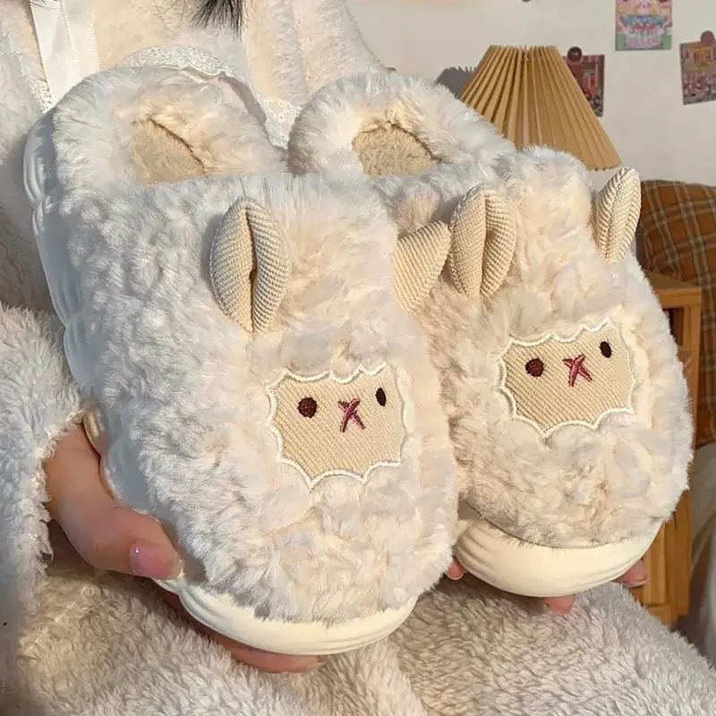 Winter Cartoon Sheep Design Plush Footwear, Warm Fluffy Faux Fur Indoor Cotton Slippers for Men & Women (Stress Relief Classic Novelty Toy), Slide