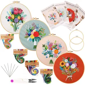 Embroidery Starters Kit with  for Beginners, 4 Sets Cross Stitch Kits with Patterns, 2 Wooden Embroidery Hoops,, and Color Threads,Needlepoint Kit for Adults
