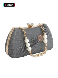 Elegant Rhinestone Unique Touch Women's Evening Bag, Clutch Purse, Handbag, Brooch Rhinestones, Pearl Chain Strap, Wedding Party Shoulder Bag, Wristlet