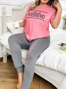 Women's Letter Print Graphic Round Neck Short Sleeve Jogger Pants Set, Casual Fitted Standard Fit Fashionable Home Wear, 2 Piece Loungewear Outfit Pajama Set Pjs Printed Sleepwear Set