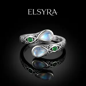 S925 Sterling Silver Elegant Rainbow Moonstone Ring with Celtic knot pattern and Devil's eye pattern – Vintage Victorian Style, Adjustable Thumb Jewelry for Women, green Devil's eye ring with love pattern,Spoon ring as a jewelry gift