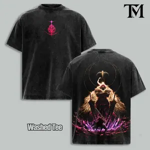 Starscourge Radahn Elden Ring Double Printed Vintage Washed Oversized Cotton T-Shirt, General Radahn Boss Battle Graphic Tee, Dark Fantasy Game Streetwear Shirt, Unisex Retro Acid Wash Gamer Apparel