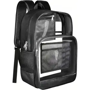 BrillaraSymn Heavy Duty Clear Backpack, Sturdy Fabric Clear Bookbag for School, Transparent PVC & Oxford Backpacks with  Pocket for College Work Travel , Black