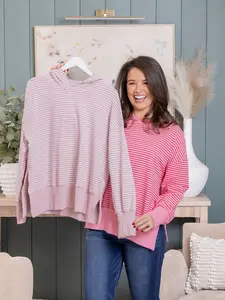 Women's Long Sleeve Cotton Hoodie, Stripe Design, Side Slits, Drop Shoulder, Loose Fit, Thumbhole Detail | Womenswear Tops & Sweatshirts | S-XL