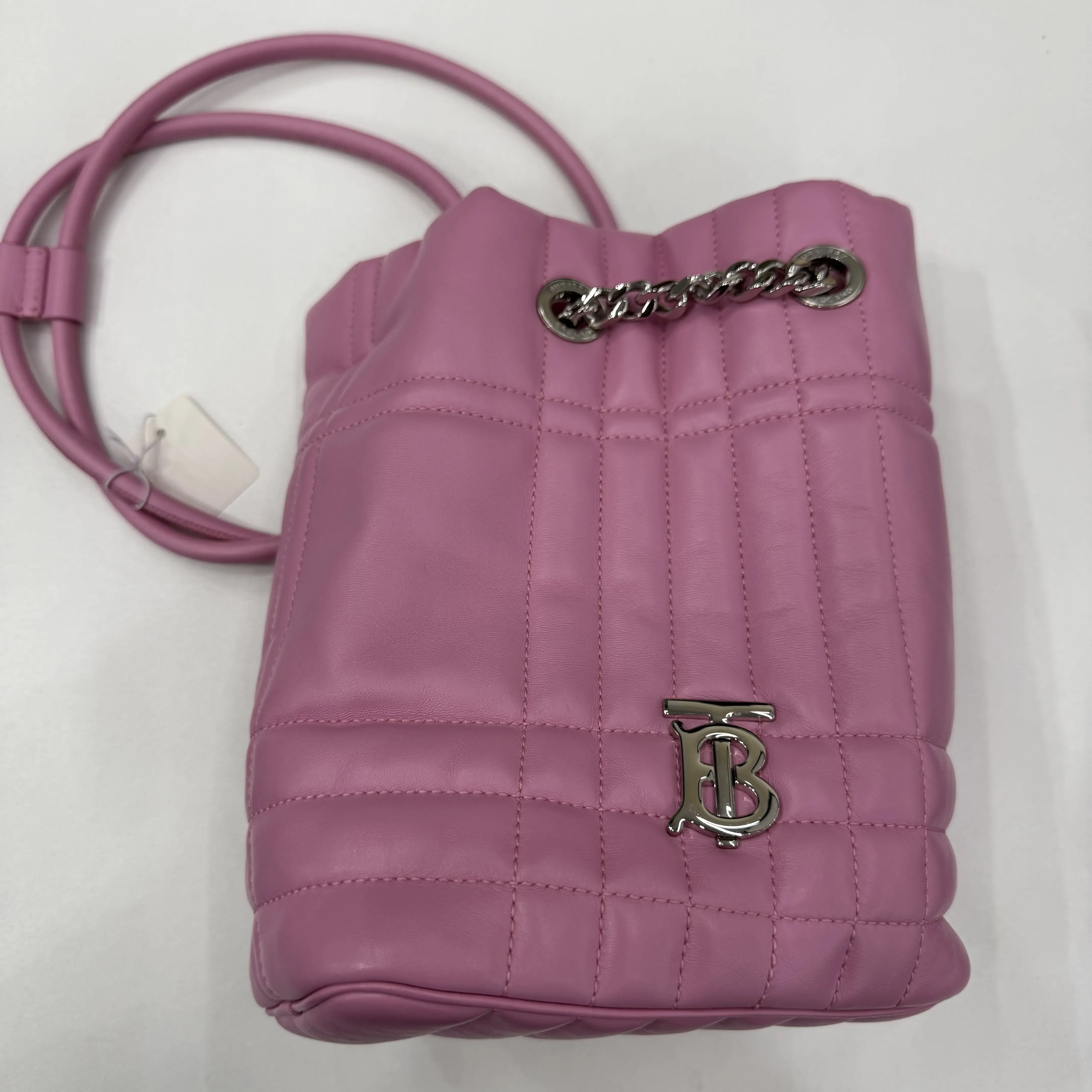 Pre-owned BURBERRY Pre‑owned｜100% Authentic Burberry, Soft Pink Quilted Leather, TB‑Logo Chain Drawstring Crossbody Bucket Handbag