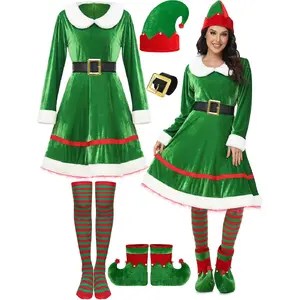 5-piece Set Women's Christmas Elf Costume Velvet Dress Belt Striped Socks Hat Shoes for Role Play Performance Outfit Plush Cosplay Pajamas Thickened Santa Claus Cheongsam Party