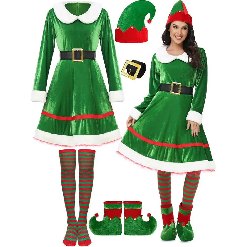 5-piece Set Women's Christmas Elf Costume Velvet Dress Belt Striped Socks Hat Shoes for Role Play Performance Outfit Plush Cosplay Pajamas Thickened Santa Claus Cheongsam Party