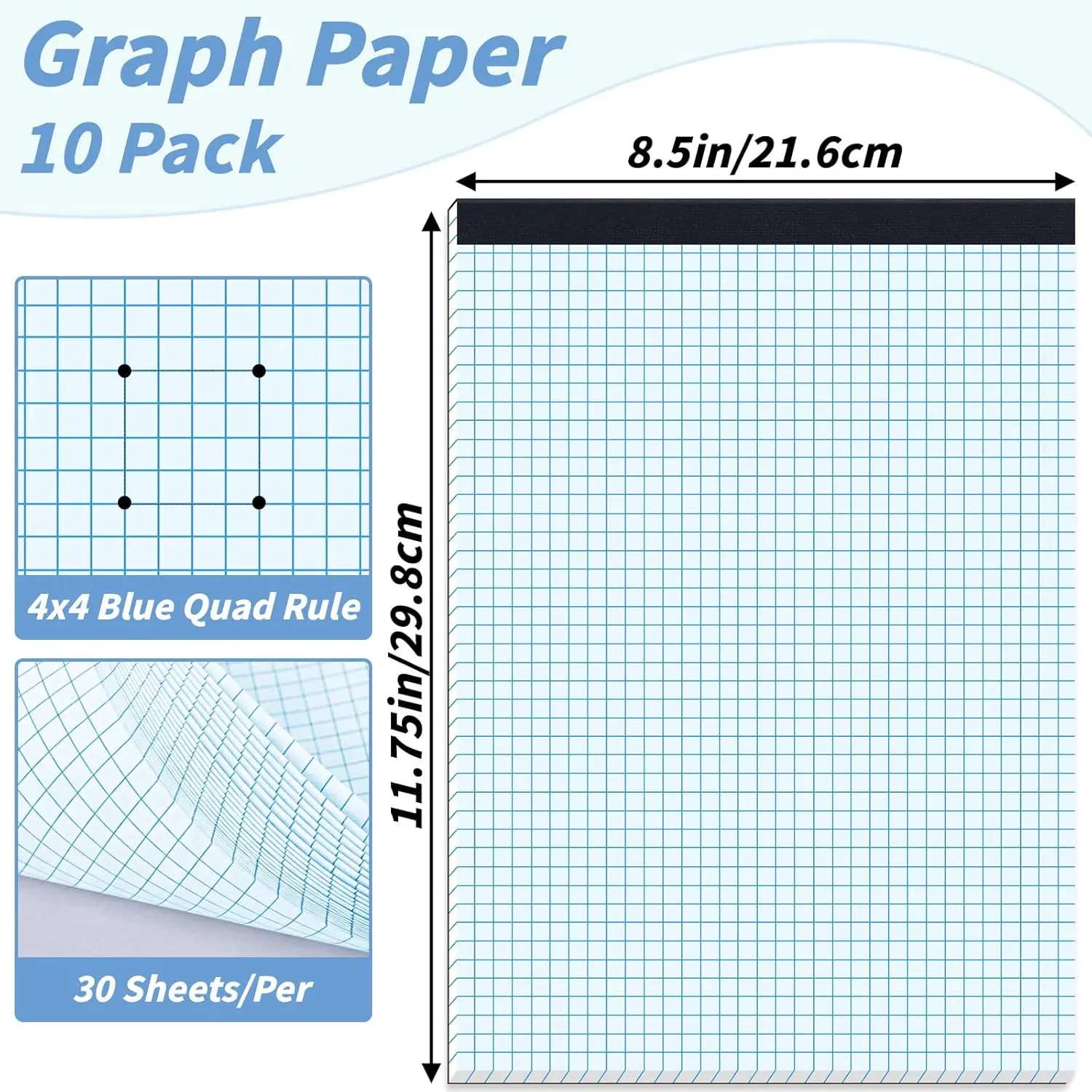 10 Pack Graph Paper Pad 8.5 x 11, 4x4 Graph Ruled, Grid Paper Pad 8-1/2" x 11", Blueprint Quadrille Pad, Easy Tears Off, Cardboard Backing - Grid Pad Notebook, White 80 GSM Graft Paper, 30 Sheets/Pad