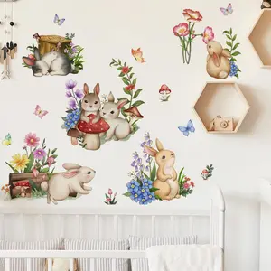 Cute Rabbit & Flower Pattern Wall Sticker, Waterproof Self Adhesive Wall Decal, Decorative Sticker for Home Living Room Bedroom