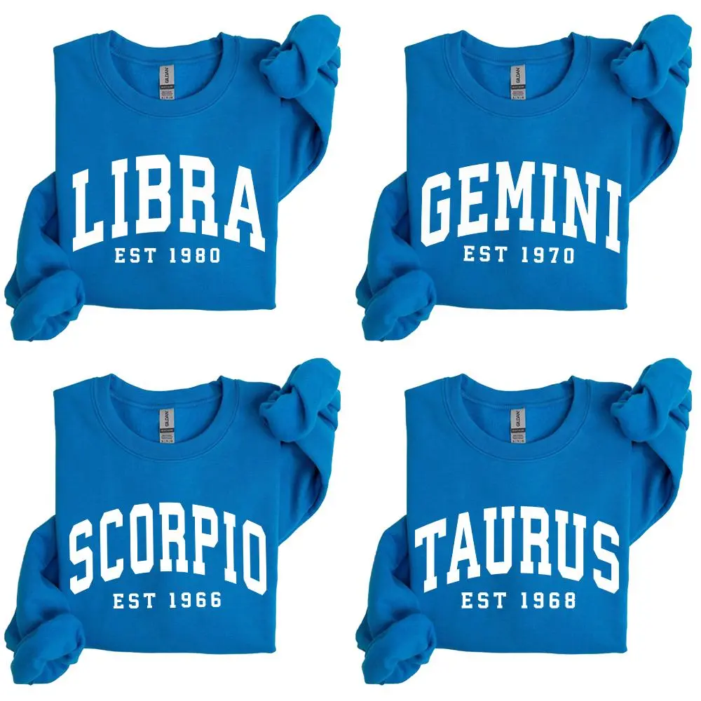 (LEAVE A NOTE OR DM SHOP) Custom Zodiac Sweatshirt with Est Year - Sapphire, Cute Horoscope Astrology Graphic Sweatshirt, Unisex Crewneck Sweatshirt, Personalized Zodiac Energy Gift for Birthday, Star Sign Lovers, Celestial Sweatshirt - AG
