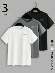 3 Pack Men's Casual Short Sleeve T-Shirts, Minimalist Letter Print Crew Neck Tees, Soft Breathable Cotton Tops for Daily Wear, 3 Colors Available