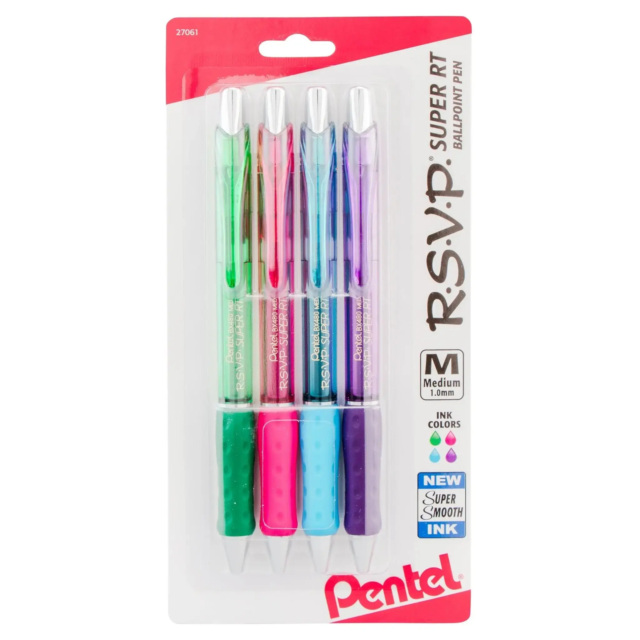 Pentel RSVP Super RT Retractable Ballpoint Pens - 4-Pack, 1.0mm Medium/0.7mm Fine Tips, Cushioned Contoured Grip, Elegant Metal Accents, Refillable, Flawless Ink Delivery, Eco-Friendly Design, Assorted Ink for Office Stationery, None