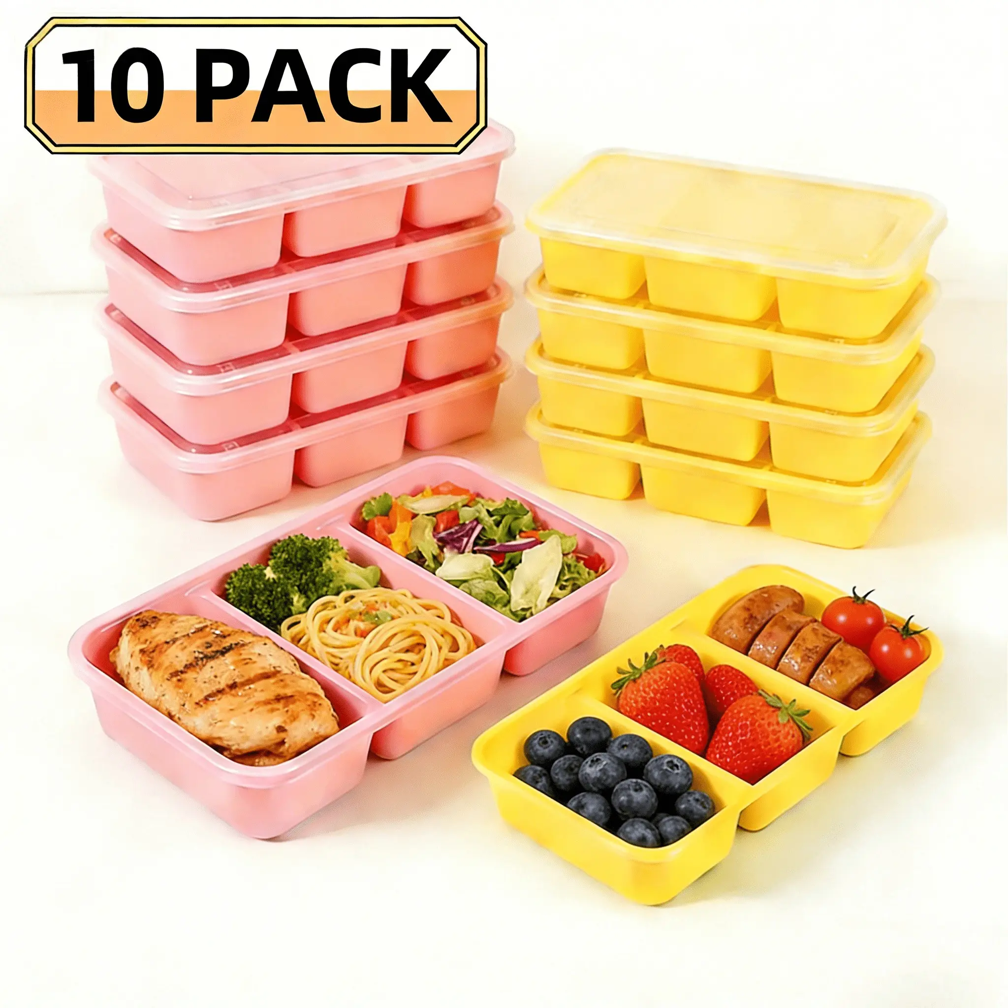 10pack THREE-Compartment 21oz Food Containers with Lids for Diet Salads, Ice Cream, Yogurt, Party and Camping Picnic Use. Durable Plastic & Leak-Proof Design, Microwavable & Freezer-Safe Meal Prep Container for Takeout.(5 pink+5 yellow)