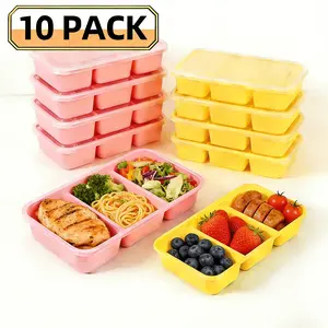 10pack THREE-Compartment 21oz Food Containers with Lids for Diet Salads, Ice Cream, Yogurt, Party and Camping Picnic Use. Durable Plastic & Leak-Proof Design, Microwavable & Freezer-Safe Meal Prep Container for Takeout.(5 pink+5 yellow)