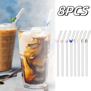 8PCS Reusable Glass Straws with Flower Butterfly Glass Clear Shatter Resistant Bent Colorful Floral Cute Straws with 2pcs Brush for Party Drink Cocktail