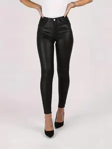 Women's Plain High Waist Pocket Skinny Pants, Casual Work Pants, Casual Comfy Button Fly Trousers for Daily Wear, Ladies Casual Fitted Bottoms for All Seasons