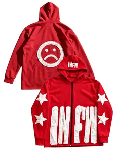 Men's Red Oversized Zip Up Hoodie, Y2K Streetwear Hooded Jacket with Sad Face & Star Patch, Hip Hop Skate Graphic Zip Up Sweatshirt, TikTok Viral Casual Hoodie for Men，red jacket