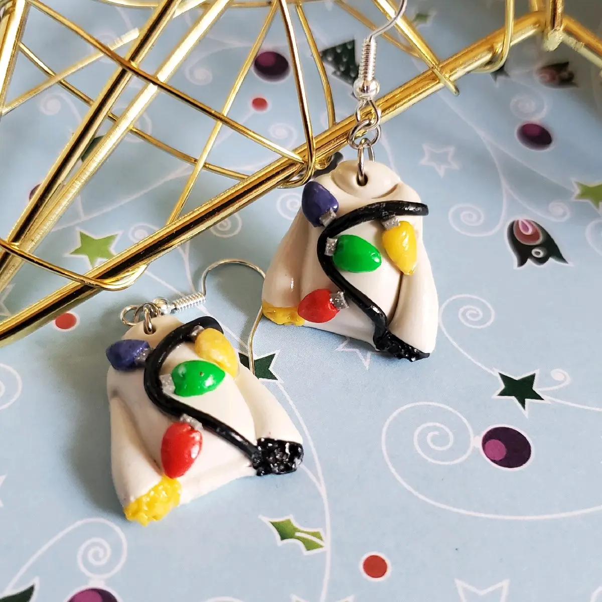 Handmade polymer clay ugly Christmas sweater earrings- festive holiday lights earrings- fun holiday earrings