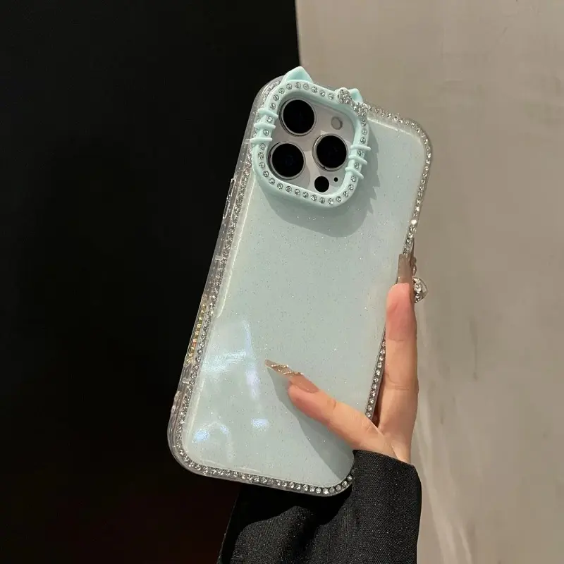 Candy Color Glitter Diamond Cat Ears Phone Case Casing For iPhone 17Air 16 15 14 13 12 11 Pro Max Plus Shockproof Protective Back Cover Protector Accessories