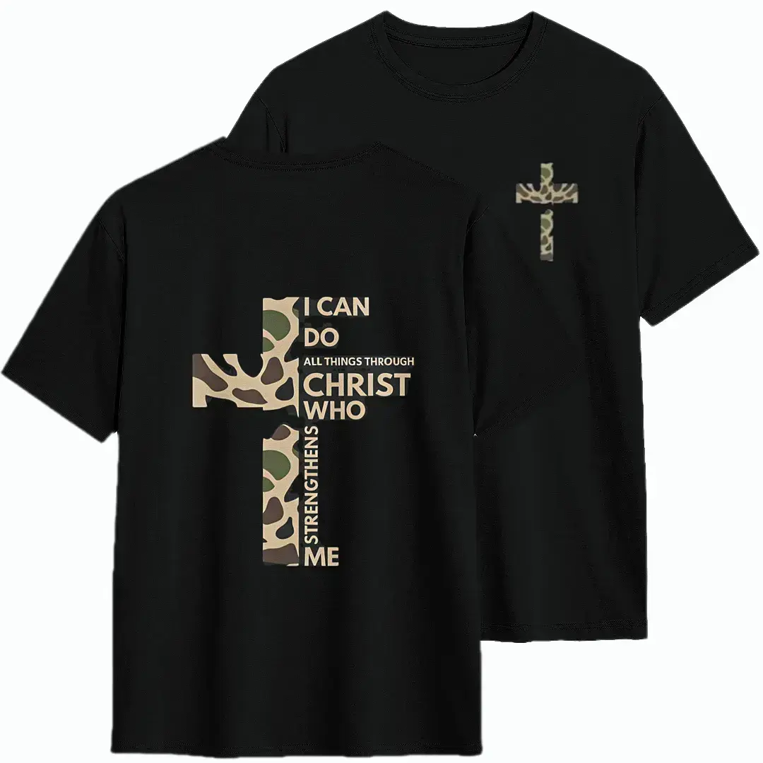 Estado Merch Men's Relaxed Fit Round Neck Short Sleeve Soft T-Shirt - Camo Cross Print, Philippians 4:13 Bible Verse, Stylish Day Aesthetics, Premium Fabric, Christian Menswear Tee, Unisex Religious Apparel surf7 goose coat Casual Breathable