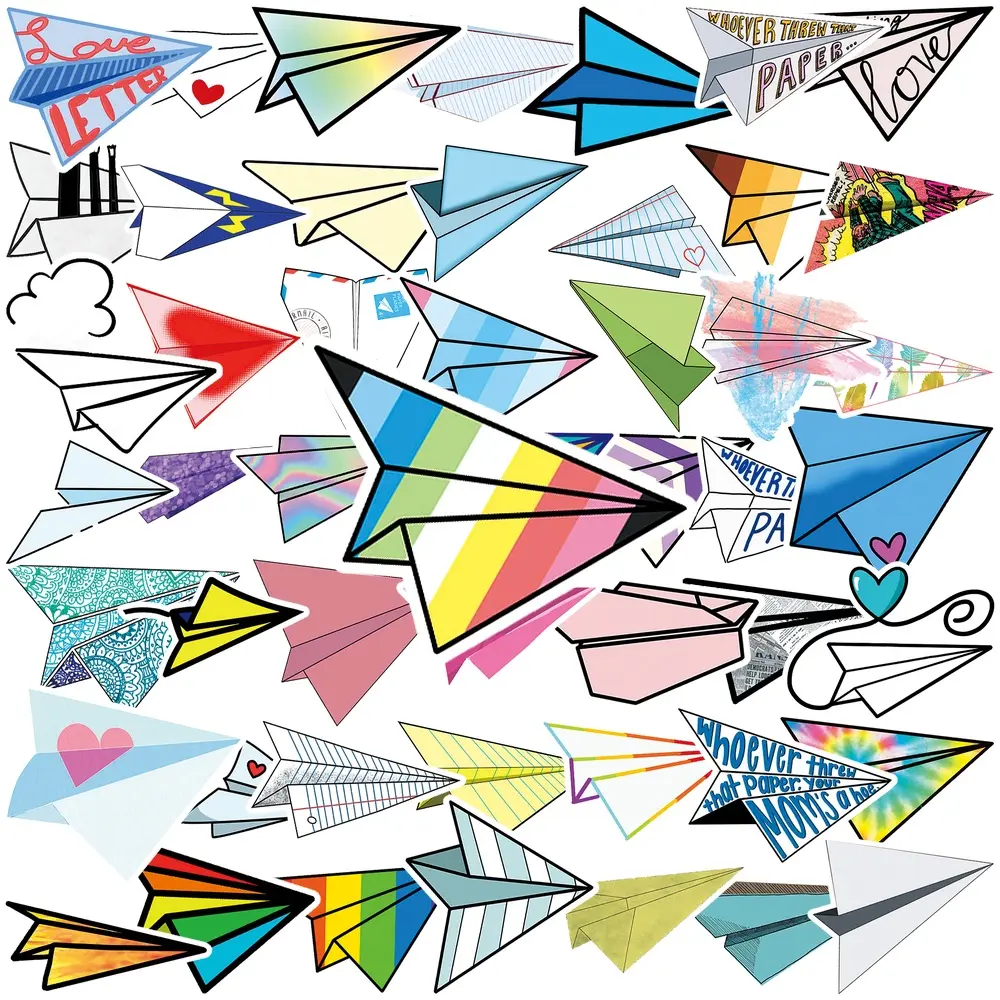 50Pcs Paper Plane Vinyl Stickers, Colorful Origami Airplane Decals, Waterproof Aesthetic Sticker Pack for Car Window Dashboard, Helmet, Laptop, Water Bottle, Skateboard, Luggage, Journal, Phone Case, Teens Kids Nostalgia Travel Theme Decor