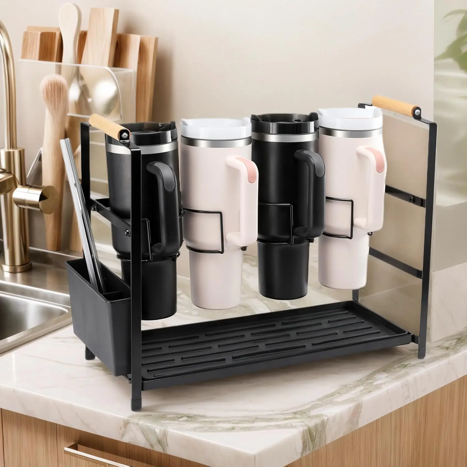 40 oz Tumbler Water Bottle Organizer with Handle, 2 in 1 Multi-Functional Stanley Cup Storage Holder, Taupe Black Cup Stand for Kitchen Counter, Office, Car and Home Desktop Storage