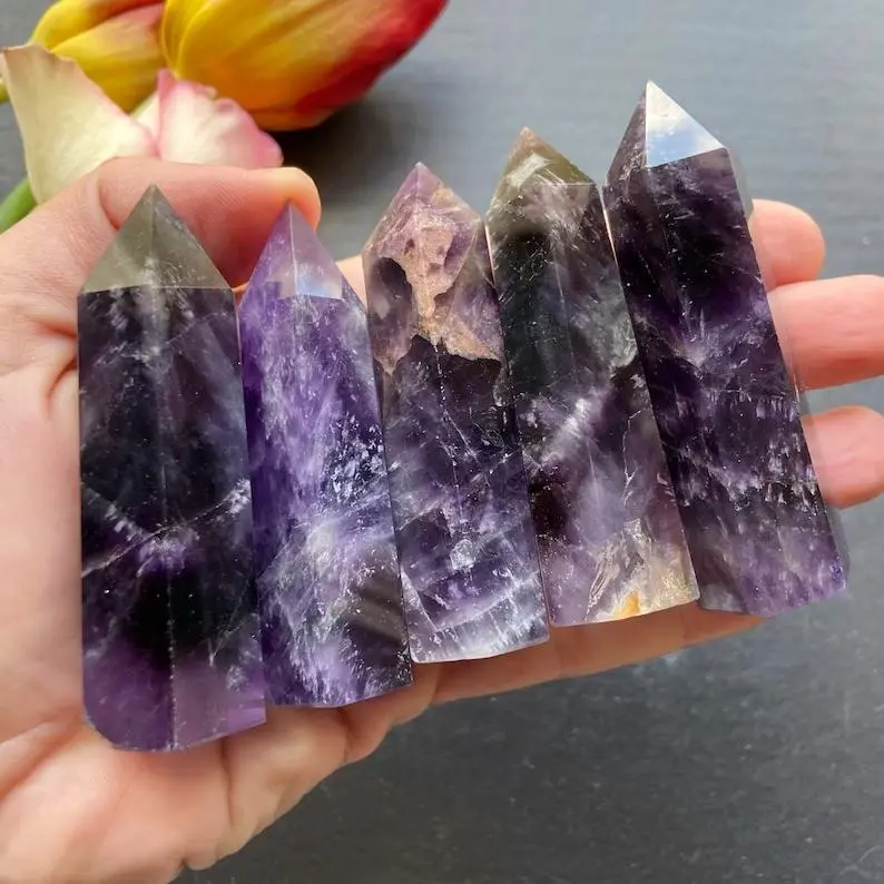 Chevron Amethyst Crystal Tower, 8-9 cm Polished Point for Home Decor, Natural Healing Crystal that Aids Connection to the Divine, Serenity, and Decision-Making, Guidance, Meditation Aid, One-Piece