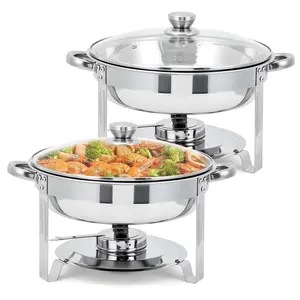 GARVEE 5 Qt Round Stainless Steel Chafer Set, 2-Pack with Glass Lids, Full-Size Water and Food Pans, Fuel Holders, Buffet Warmers Ideal for Weddings and Parties