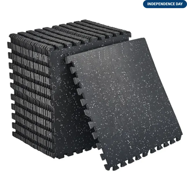 0.56" Thick Interlocking Gym Floor Mats, 24"x24" Rubber Top EVA Foam Puzzle Tiles (12 Pack, 48 Sq Ft), SGS Certified Non-Toxic Exercise Flooring for Treadmill & Weightlifting - Black/Gray