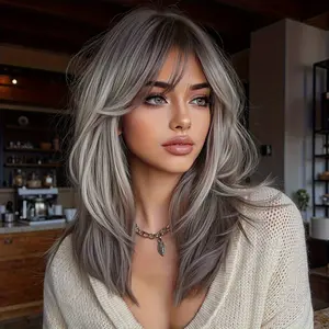 16-Inch Elegant Gray Long Curly Wig，Dark Roots to Light Ends，Synthetic Fiber Women's Wig，Suitable for Daily Wear, Parties, Holidays, and Travel