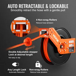 VEVOR Retractable Air Hose Reel, 1/2 3/8 IN x 100 FT Hybrid Air Hose Max 300PSI, 180° Swivel Bracket Air Compressor Hose Reel with 5 ft Lead in, Ceiling / Wall Mount Heavy Duty Single Arm Steel Reel