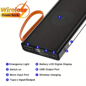 30000mAh 2-in-1 Wireless Power Bank, Portable Phone Charger USB External Battery, Backup External Battery Pack with Light, Built-in Four Cables For Cell Phones