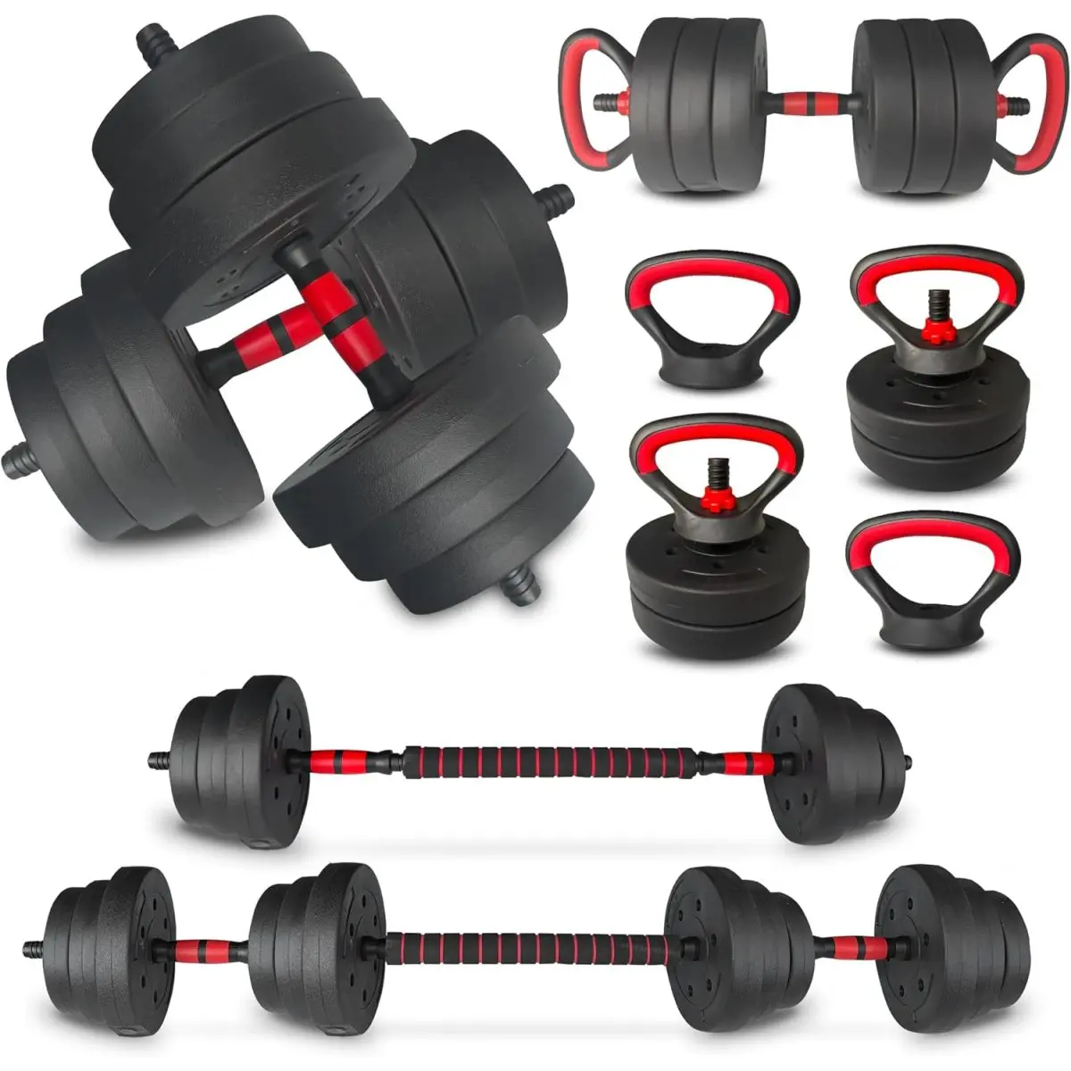 Adjustable Dumbbell Set 25/45/75/90LB Stainless Steel 4-in-1 Barbell Kettlebells Push-up Bar Fitness Exercises Durable Safe Customizable Weight Options