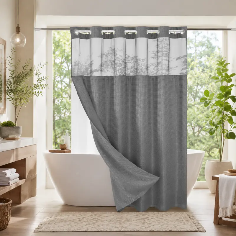 Double Layer Waffle-Pattern Shower Curtain - No Hook Snap-in Liner, Fabric Waterproof Inner & Washable White Outer Cloth, Modern Bathroom Accessory for Home/Hotel/Salon/Dorm, 72x75 Inch