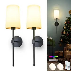 [Spring Glow Up] Battery Operated Wall Sconce Light with Remote Control, Rechargeable  15 Color Dimmable Led Light Set of 2 White Fabric Shade, Indoor Wireless Lamp For Bedroom Living Room