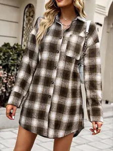 Women's Plaid Print Pocket Button Front Shirt Blouse, Casual Chic Drop Shoulder Long Sleeve Collared Top for Fall & Winter, Women's Clothes for Daily Wear, Womenswear
