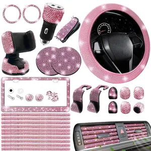 27PCS Car Diamond Interior Accessories Set | Bling Steering Wheel Cover + Crystal Trim Kit | Pink Rhinestone Decor for Women Girls | Car Interior Makeover Gift Set