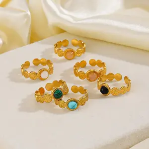 Cross-Border Popular Turquoise/Obsidian Inlaid Stainless Steel Ring Ins Style Popular Stylish Opening Adjustable Ring