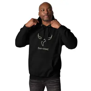 Unisex [horn-knee] Hoodie | Bold Minimalist Design in Cream Gold | Black Oversized Hoodie | Unisex Streetwear Menswear Stylish Matching Pocket Fabric Cotton Polyester Print funny hoodie