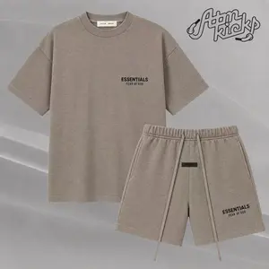 (Tee and Shorts) Fear of God Essentials T-shirt & Shorts Set Stretch HomesteadHeather OVER SIZE Casual Wear Comfortable Fit Simple Design Versatile Everyday Wear Menswear Tops Crewneck ShortSleeve Light