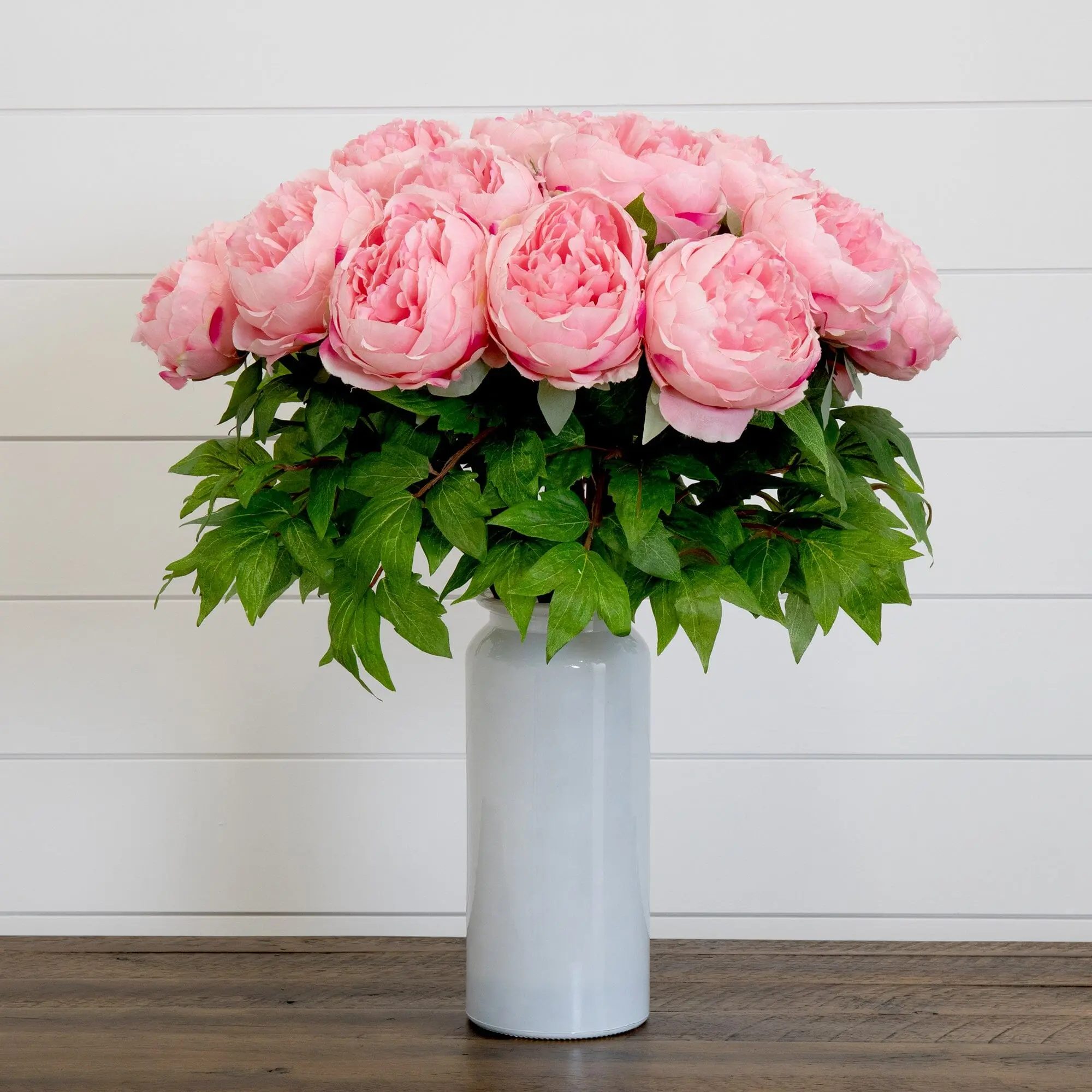 Signature Collection 20 in Plush Peony Artificial Flowers Bouquet with White Glass Vase - Decorative, Fade Resistant, All Seasons Greenery for Kitchen Island, Bedroom Home Decor