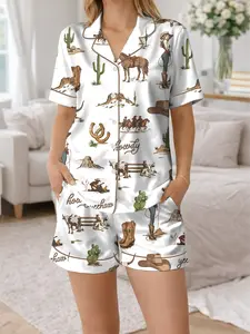 Cute Rustic Americana Western Satin Pajama Sets for Women, Vintage Cowboy Short Sleeve Top & Shorts, Comfortable Summer Sleepwear Set, Loungewear Pajama, Relaxing Sleeping Clothes