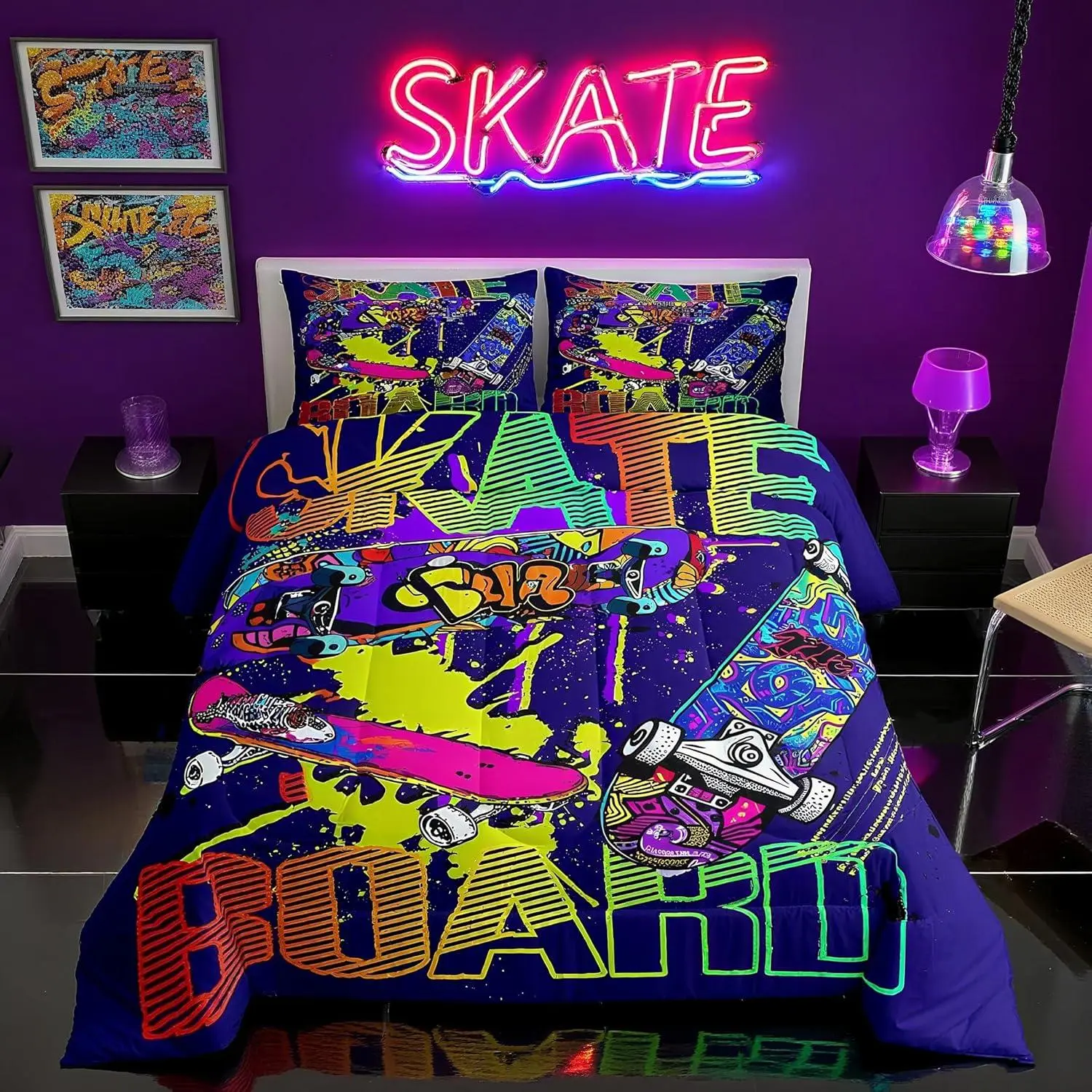 Colorful Graffiti Comforter Set,Cartoon Skateboards Bedding Set for Kids Boys Teens Room Decor Fashion Hip Hop Style Quilt Set,Cool Extreme Sports Bedspread