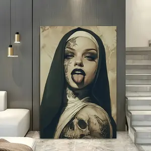 1pc Gothic Nun Poster - Nun with Skull Tongue Gothic Wall Art in Black & Beige - Wrapped Canvas Print for Home, Office, Cafe, Bedroom, Living Room - Indoor/Outdoor Decor - Edgy Religious Gothic Decoration, Bold Artwork, Detailed Illustration,