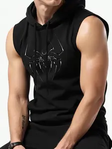 Men's Regular Fit Sleeveless Hoodie, Spider Logo Print, Graphic, Comfortable Fabric, Loose Style, Casual Summer Training Top