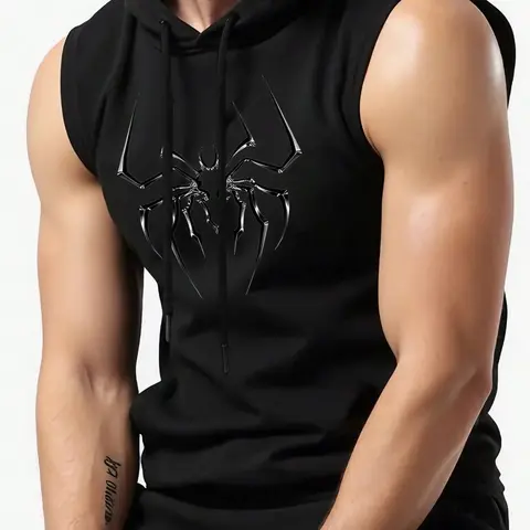 Men's Regular-Fit Sleeveless Hoodie, Spider Logo Graphic Print, Comfortable Fabric, Casual Summer Training Top and Streetwear, Graphic Hoodies